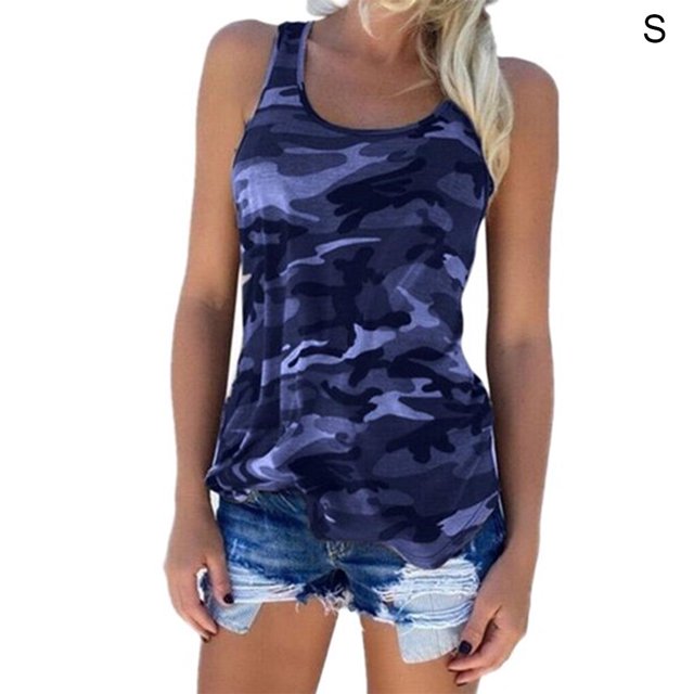 Veste Sans Manches Camouflage Chemise Col Rond Débardeur Femme Fille Été Veste Ronde Été Haut, Bleu Foncé, S