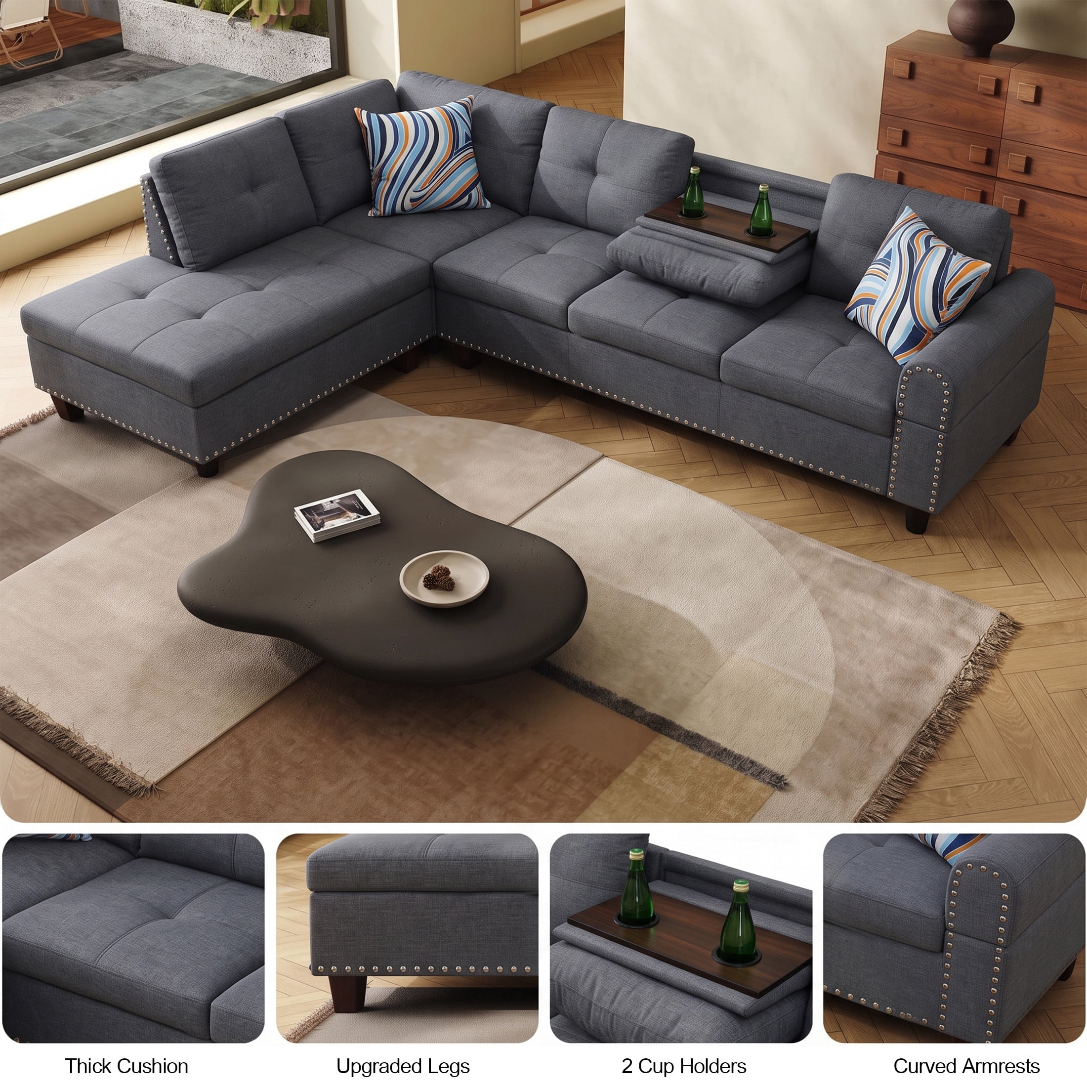 AENKYO 98" L-Shaped Sectional Sofa with Reversible Chaise and Cup Holders, Linen, Dark Gray
