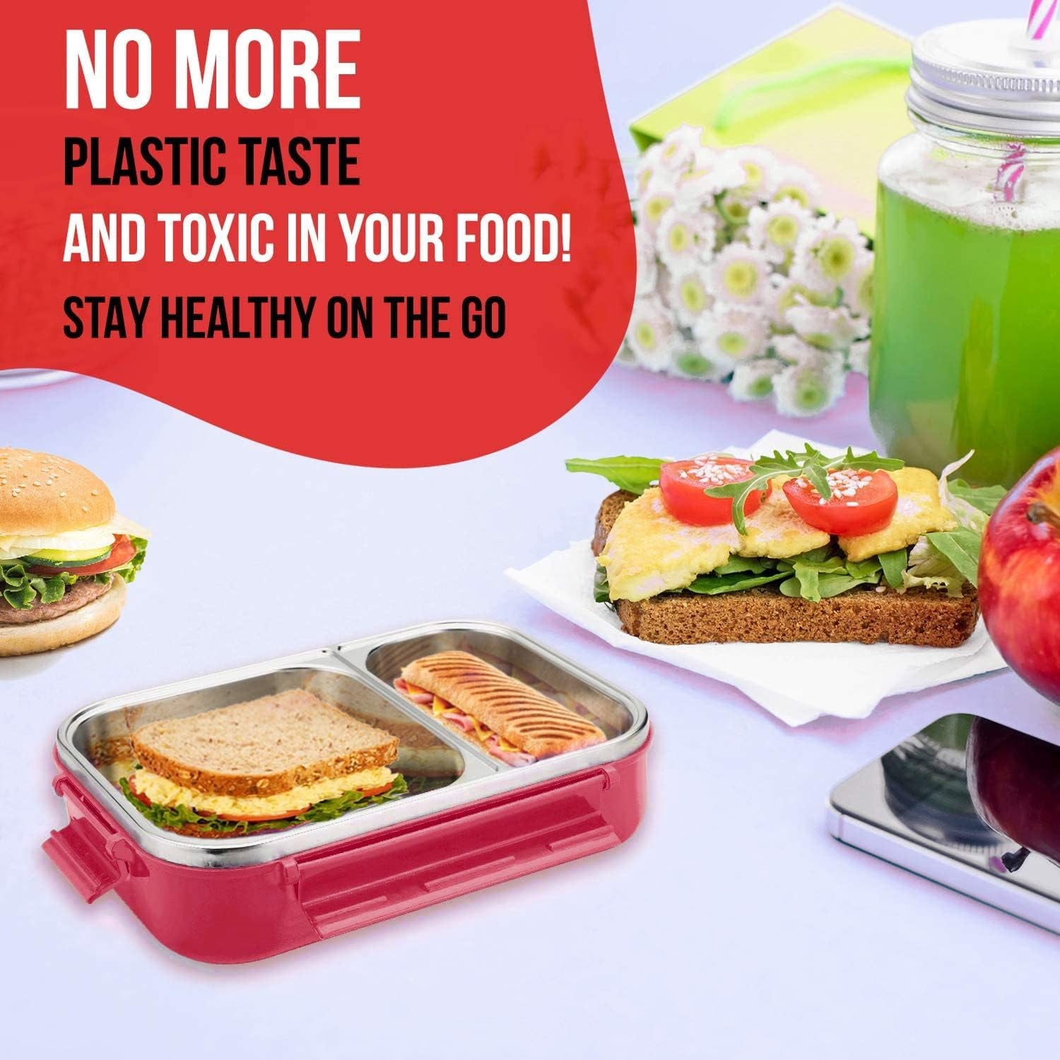 SIGNORA WARE Stainless Steel Bento Box 24 oz Leakproof 2 Compartments Lunch Box – Pink