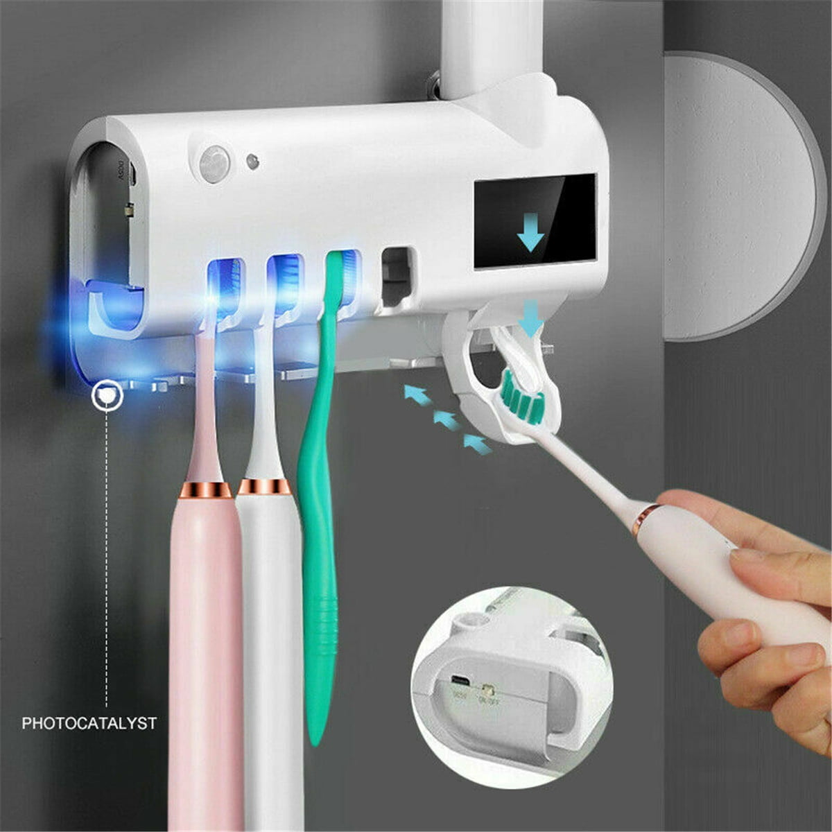Light Toothbrush Holder Set Cleaner Wall Mount Bathroom Toothpaste Dispenser