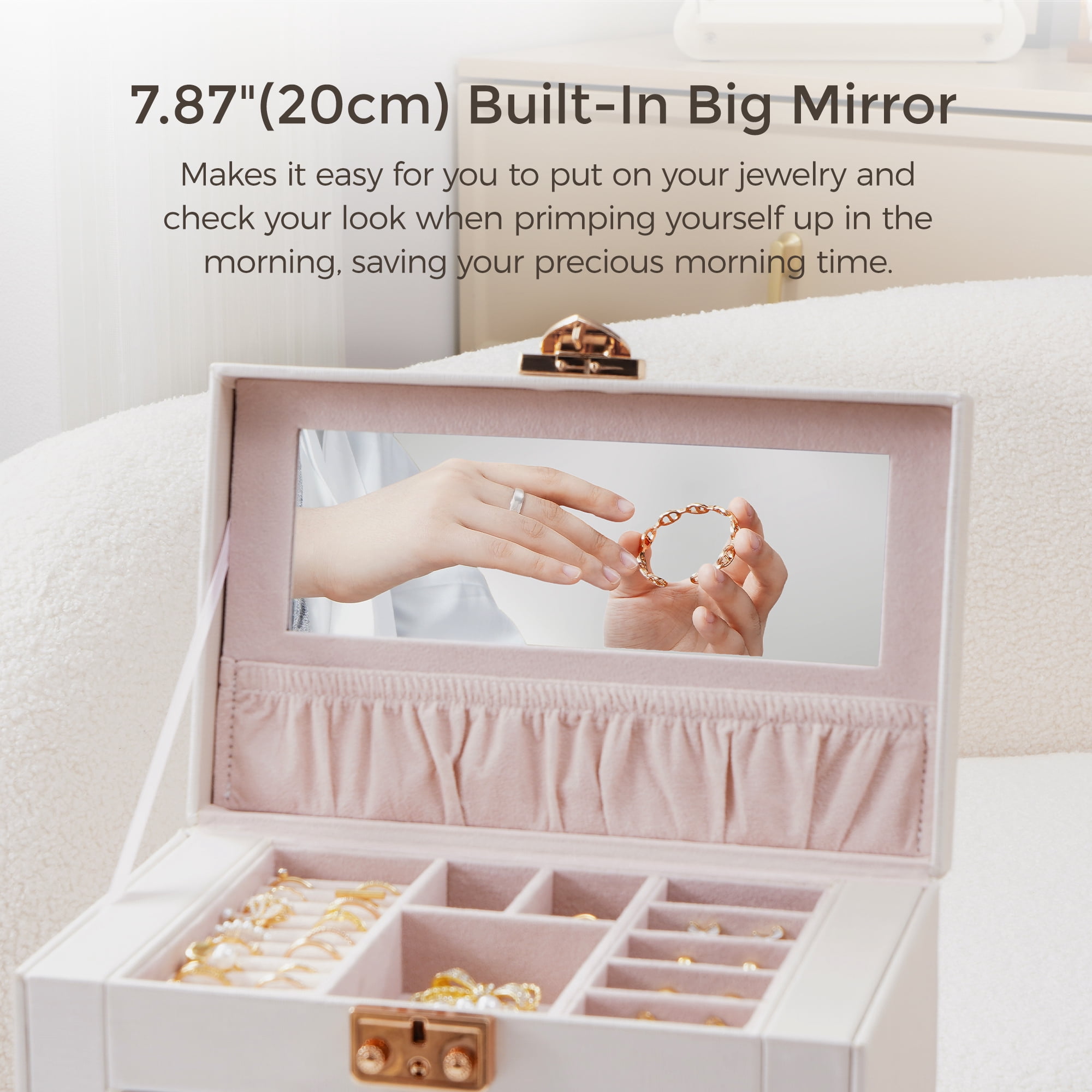 Casegrace 4-Tier Huge Jewelry Organizer with Small Jewelry Case, Built-in Large Mirror Case, 2 Side-door Necklace Display Holder, 3 Drawers Storage Jewelry Box for Earrings, Rings, Bracelets, Watches