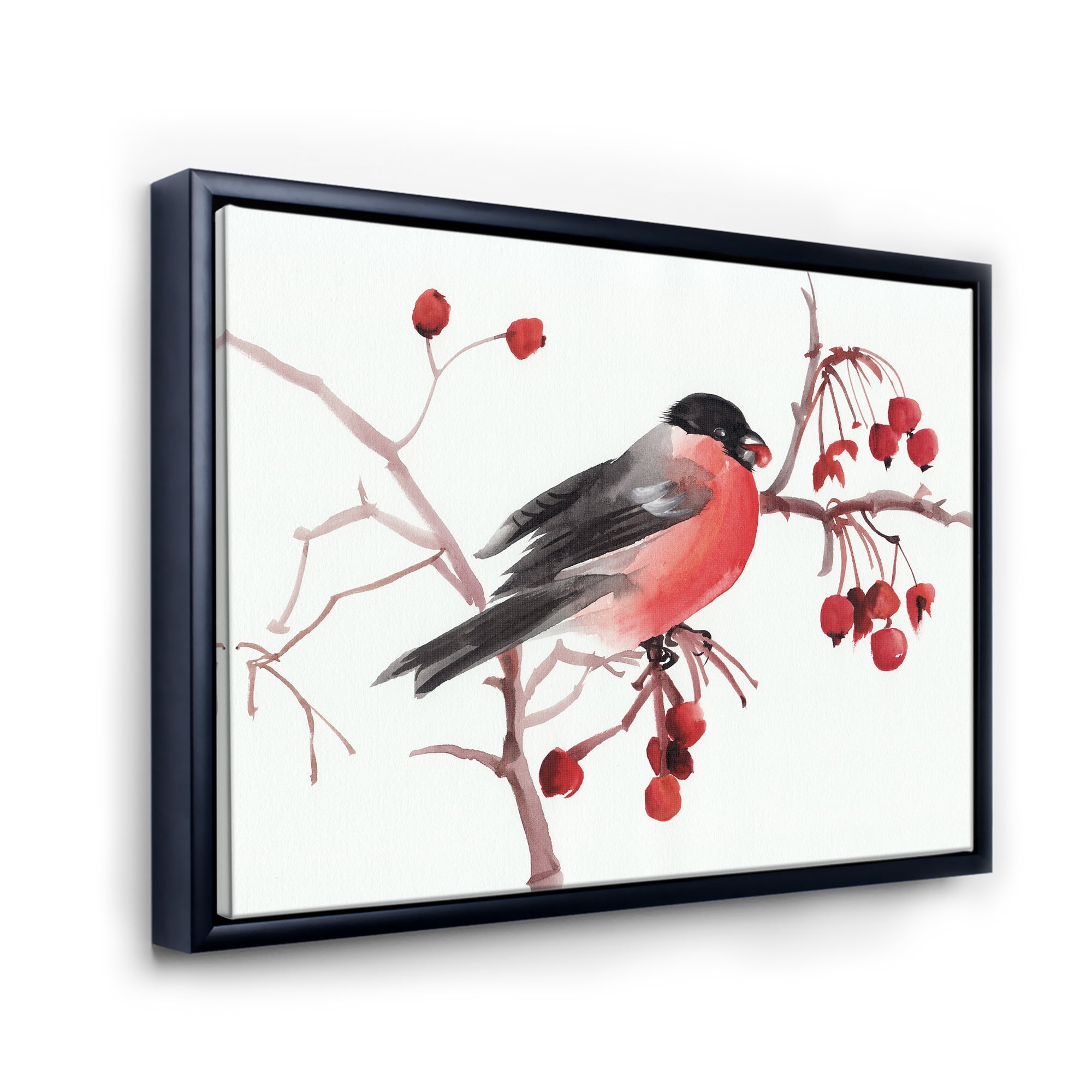 Designart 'Bullfinch Bird Sitting On A Branch' Traditional Framed Canvas Wall Art Print
