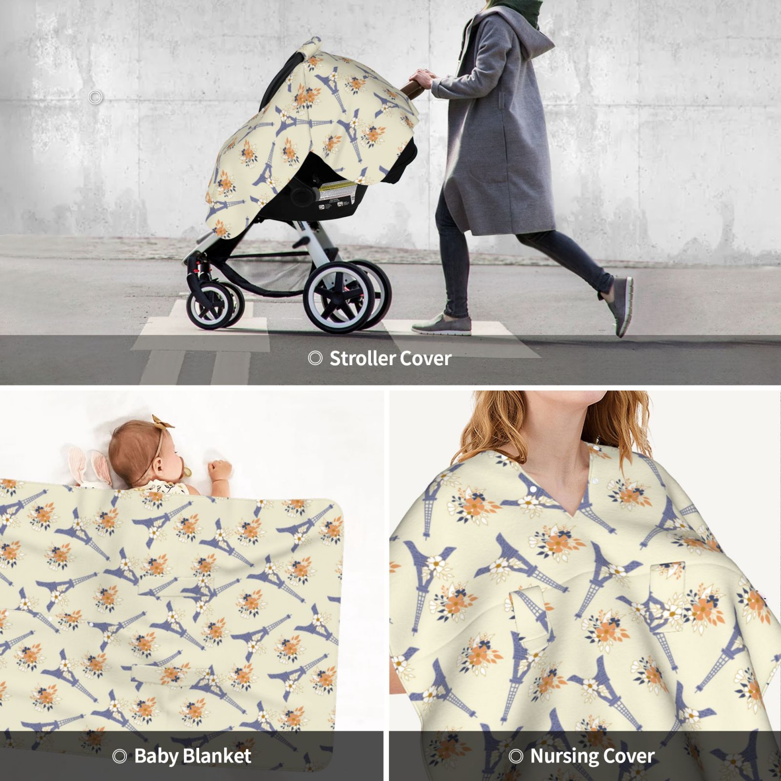 Car Seat Cover Baby - flower Eiffel Towers Breathable Infant Car Seat Cover for Baby Carseat, Lightweight Comfort Baby Essentials Must Haves Newborn Stuff for Girl Boy
