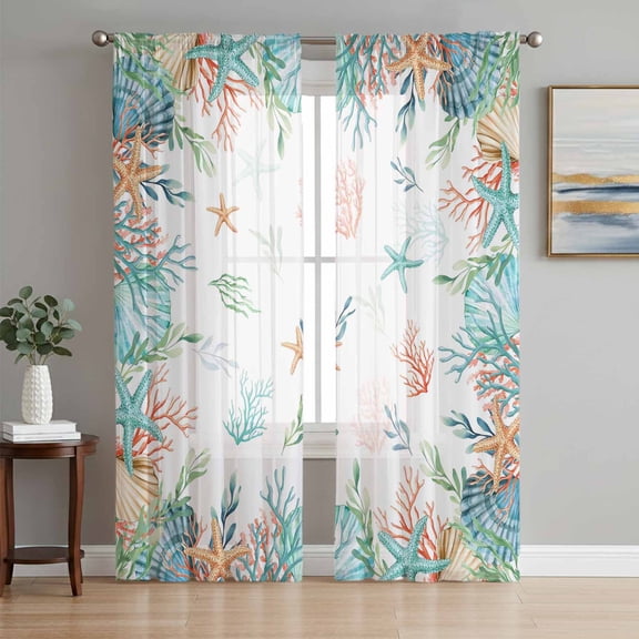 Beach Coastal Sheer Curtains 63 Inch Length 2 Panels Set Window Treatments, Summer Coral Starfish Nautical Ocean Rod Pocket Semi Curtains for Living Room/Bedroom/Kitchen Décor, 104"W x 63"L