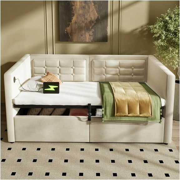 JERFIT Twin Daybed with Hydraulic Storage, USB Type-C Charging, Tufted Velvet Upholstered Sofa Bed Frame, Beige
