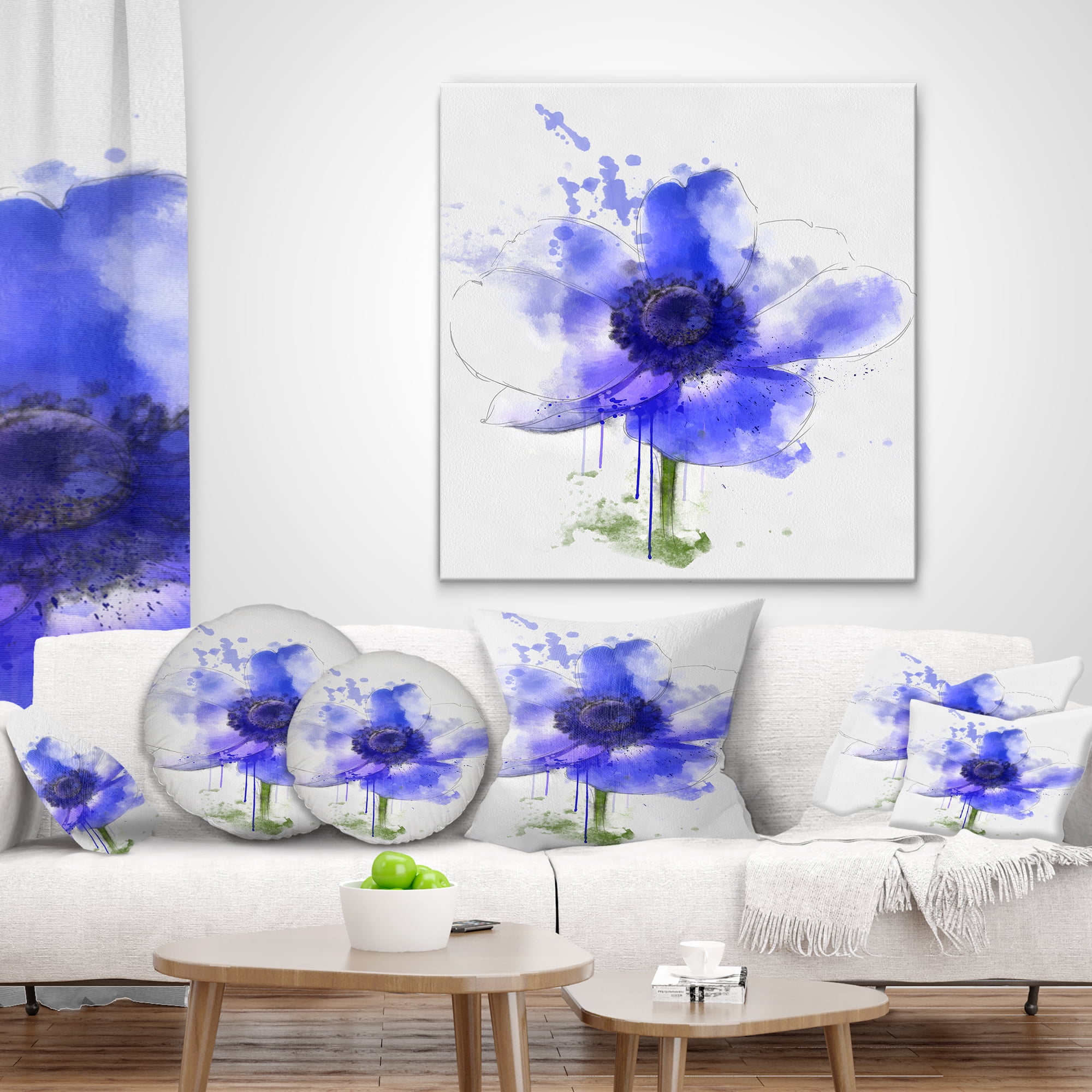 Designart Blue Anemone Sketch Watercolor - Floral Throw Pillow - 12x20