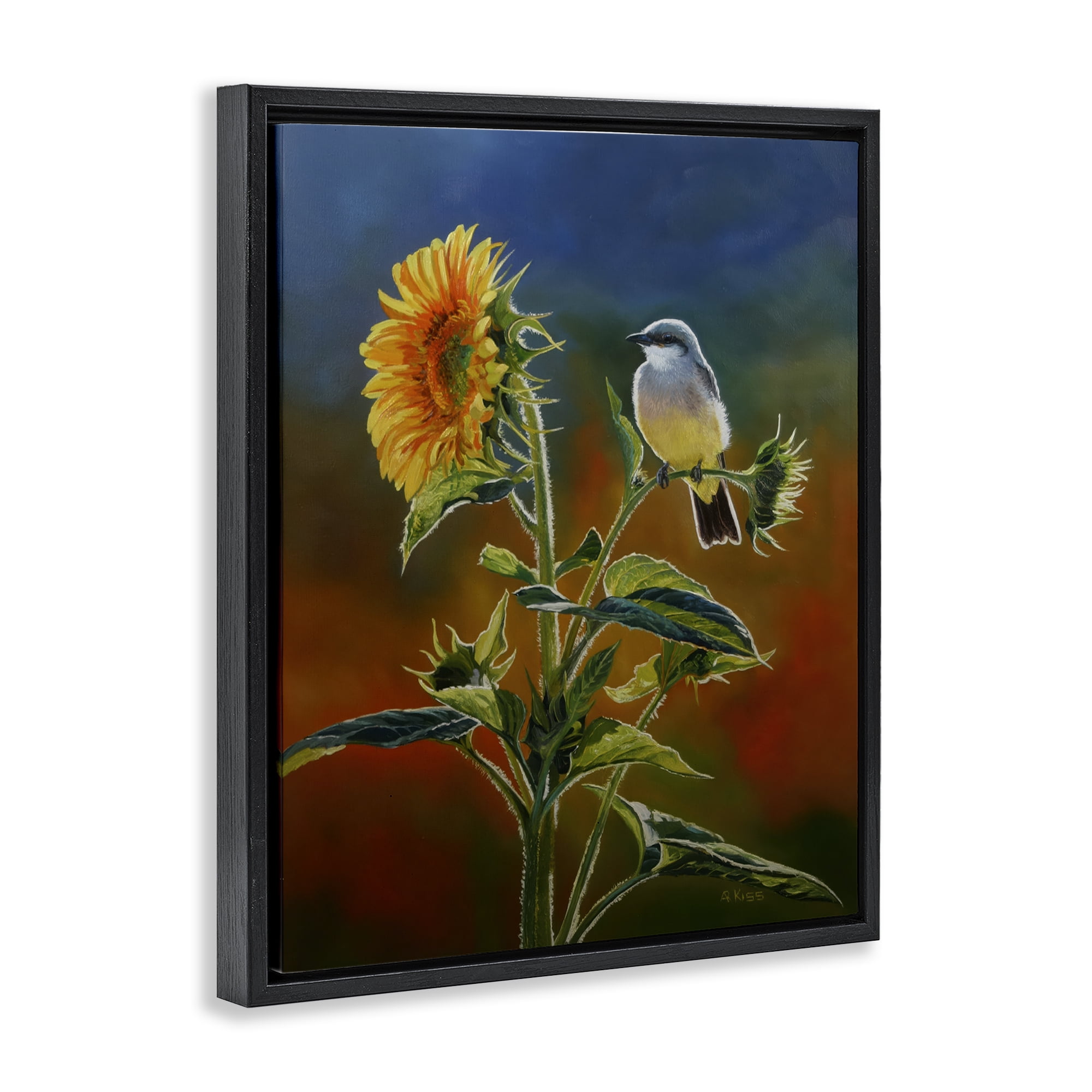 Stupell Industries Western Kingbird & Flower Plants & Flowers Painting Black Floater Framed Canvas Art Print Wall Art, 25 x 31
