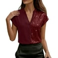 thumbnail image 2 of Turilly Women's Solid Color V-Neck Patchwork Sequined Tops Batwing Sleeve Short-Sleeved Shirt, 2 of 6