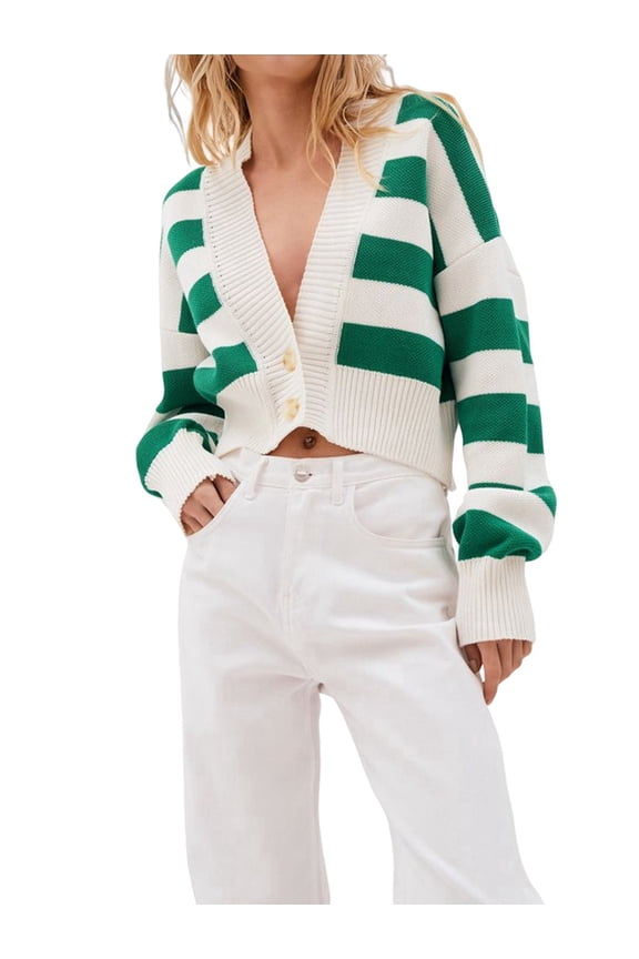 Women'S Color Block Striped Sweater Long Sleeve Cardigan Button Down V Neck Knit Top Fashion Knitwear Green M