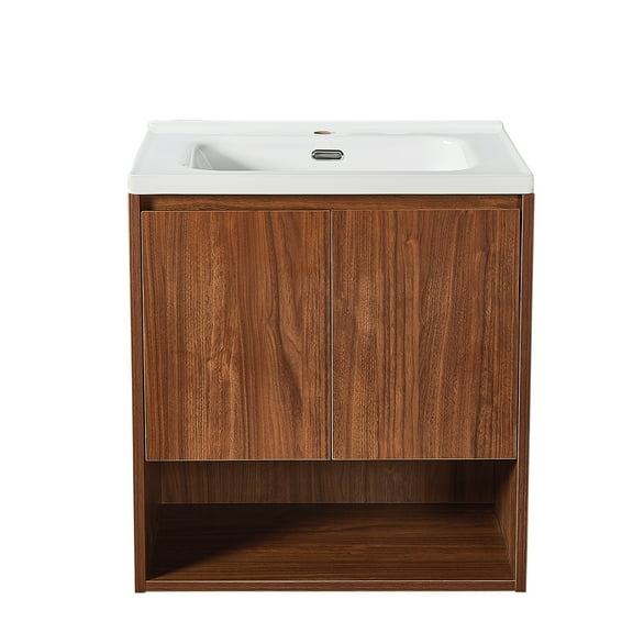 Wall Mount Vanity Cabinet Open Storage Brown Walnut L 24 in x H 24.8 in x D 19.7 in