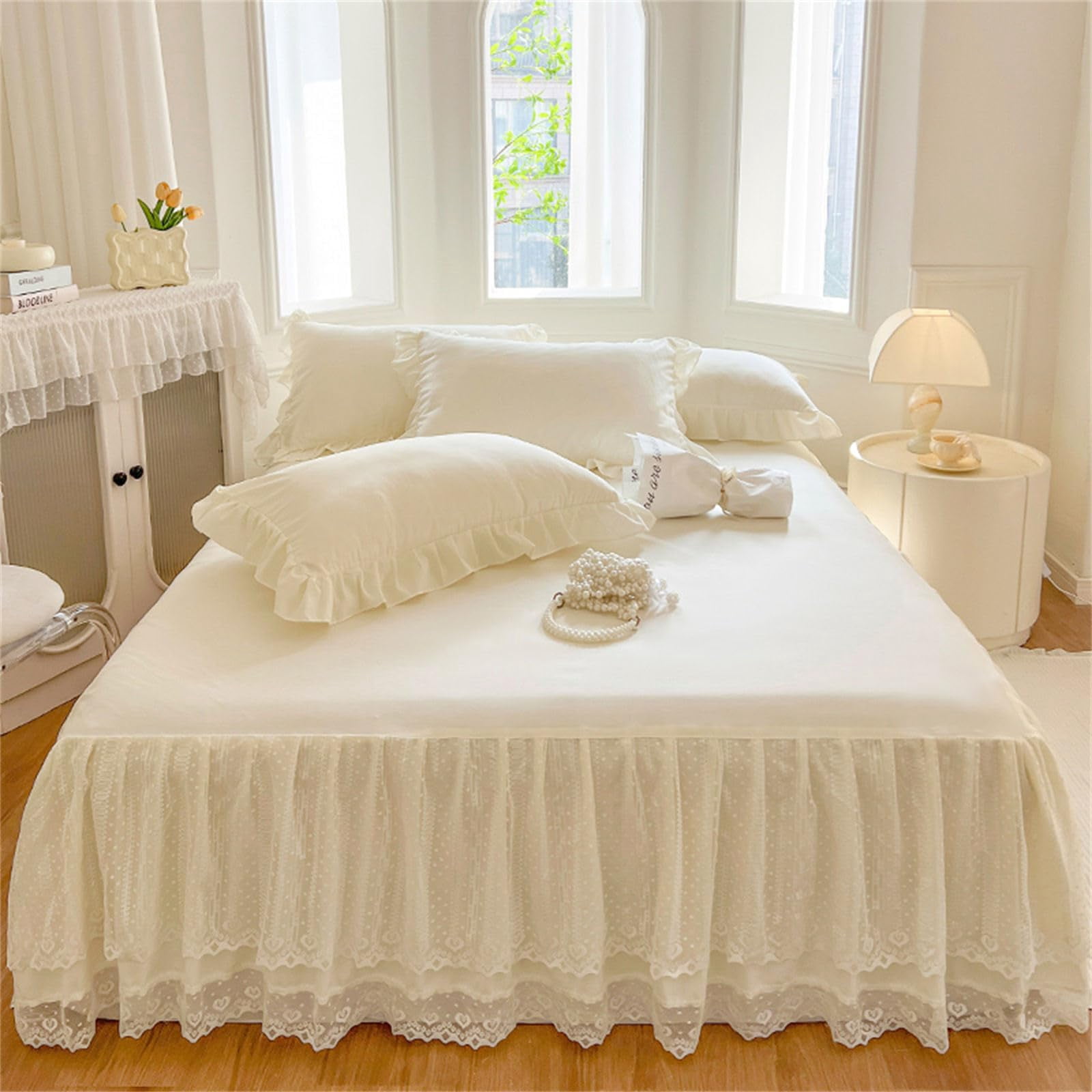 Double Layers Lace Ruffle Skirt Bedspread Sheet - French Style Brushed Microfiber Bed Sheet with Frilled Hem