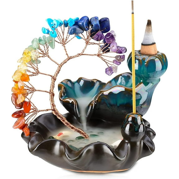 Vorkoi Backflow Incense Burner Ceramic Incense Waterfall 7 Chakras Crystal Tree Incense Holder Namaste Yoga Meditation and Home Decor