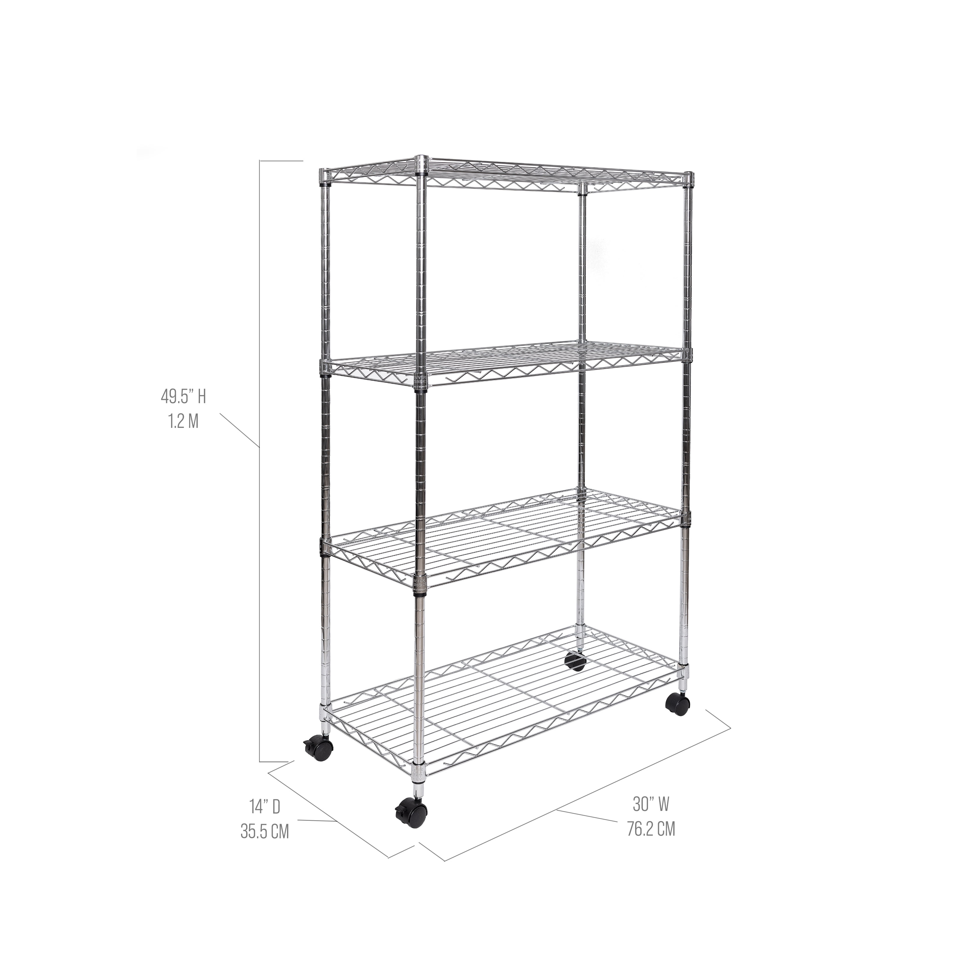 Seville Classics 4-Tier Steel Wire Shelving with Wheels, 30" W x 14" D x 48" H, Chrome
