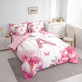 thumbnail image 3 of Homewish Letter A Monogrammed 7-Piece Bedding Comforter Set,Pink Flower Butterfly King Bedding Sets,Chic Glitter Print Bed Sheets For Girls,Microfiber Room Decorative Reversible, 3 of 8