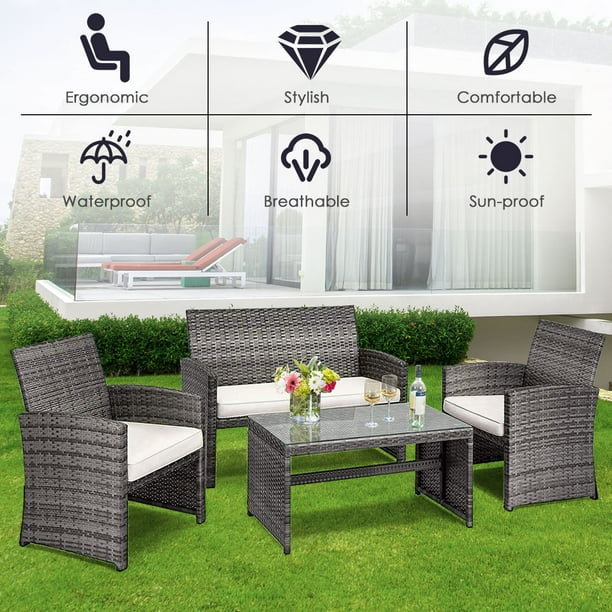 Costway 4PCS Patio Rattan Furniture Set Conversation Glass Table Top Cushioned Sofa Beige