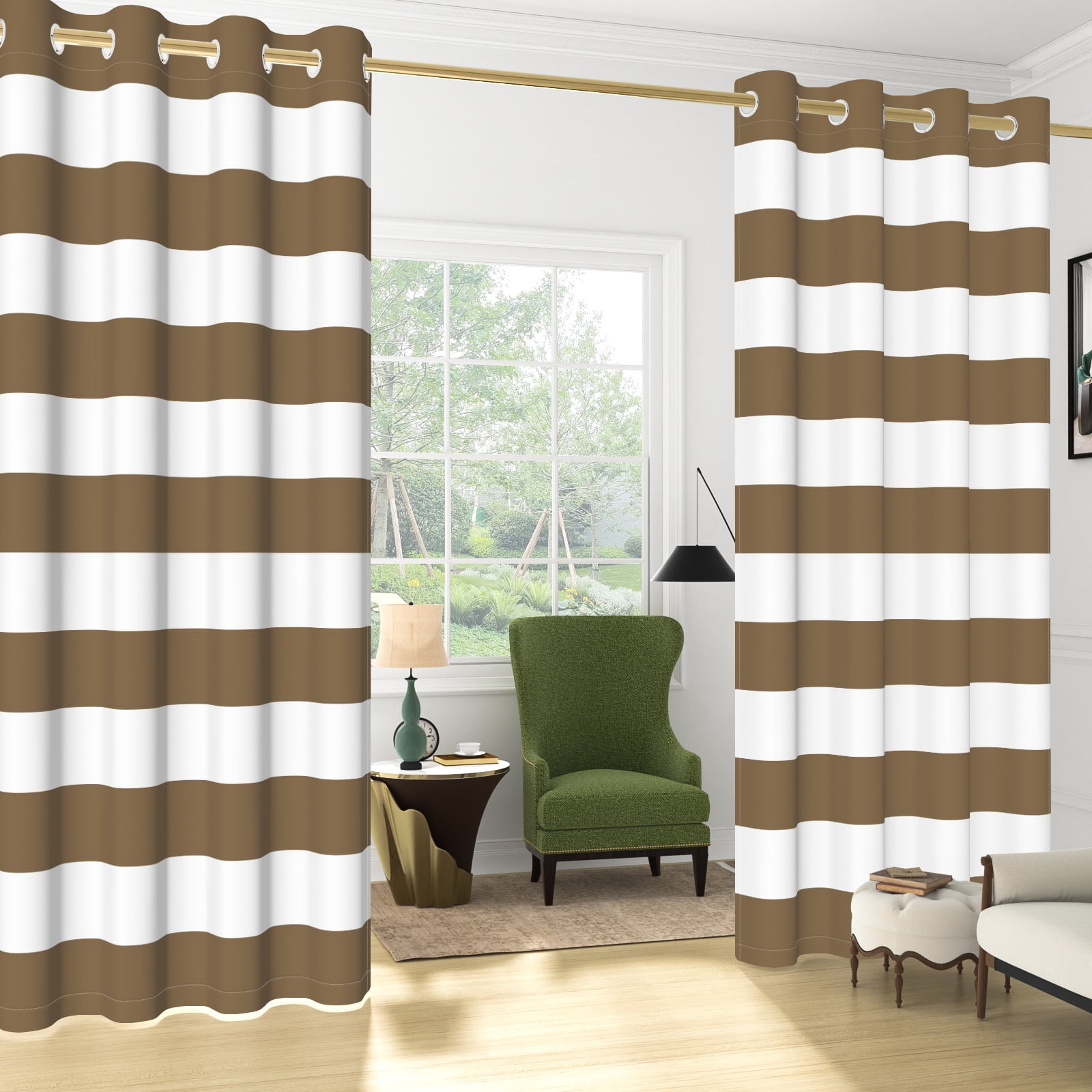 Nanqianyi Brown Striped Blackout Curtains Panel Pair, 42"x84", Grommet Top Thermal Insulated Drapes for Bedroom Living Room