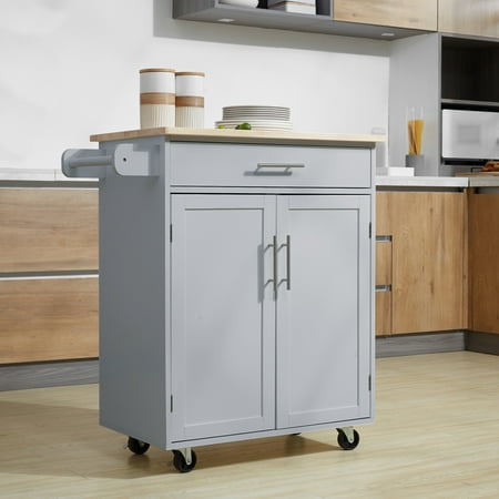 HOMCOM Kitchen Island Cart Rolling Trolley Cart with Drawer Storage Cabinet & Towel Rack Gray