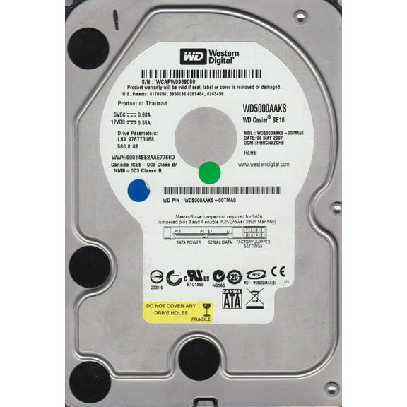 WD5000AAKS-00TMA0, DCM HHRCNV2CHB, Western Digital 500GB SATA 3.5 Hard Drive