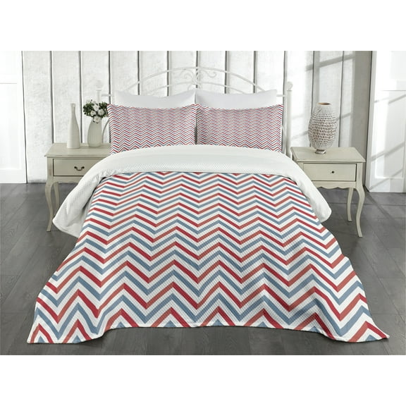 Ambesonne Retro Quilted Bedspread Set 3 Pcs, Pastel Zig Zag Pattern, King Size, Pale Blue Red and White
