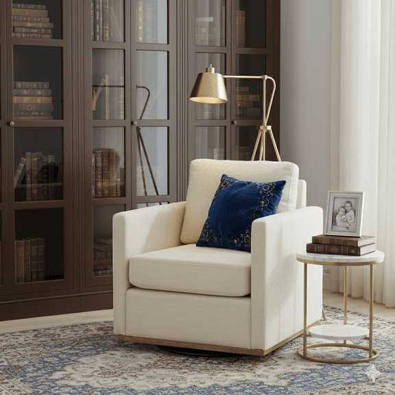 GOMYHOME Beige Upholstered Swivel Accent Chair, Modern Square Arm Living Room Chair