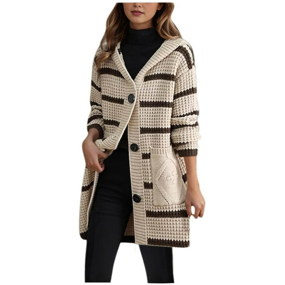 Drses Womens Color Block Striped Button Up Hooded Chunky Knit Midi Cardigan Long Sleeve Open Front Sweater Coat with Pockets