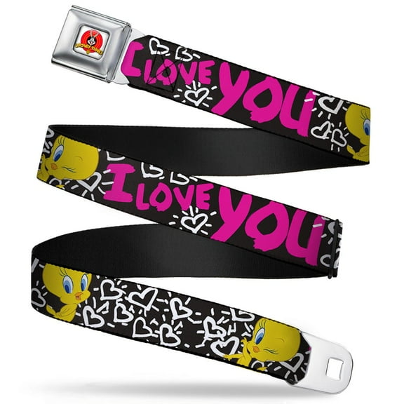Looney Tunes Belt, Seatbelt Buckle Belt, Tweety Bird I Love You Black White Pink, 34 to 52 Inches