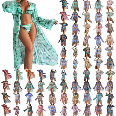 BiZtdJrK Clearance Sale  Womens 3 Pieces Bikini Set Swimsuit Fashion Tropical Print Beach Outfits Casual Kimono Cardigans Cover Up Bras with Boy Shorts Swimwear Bathing Suit Green L