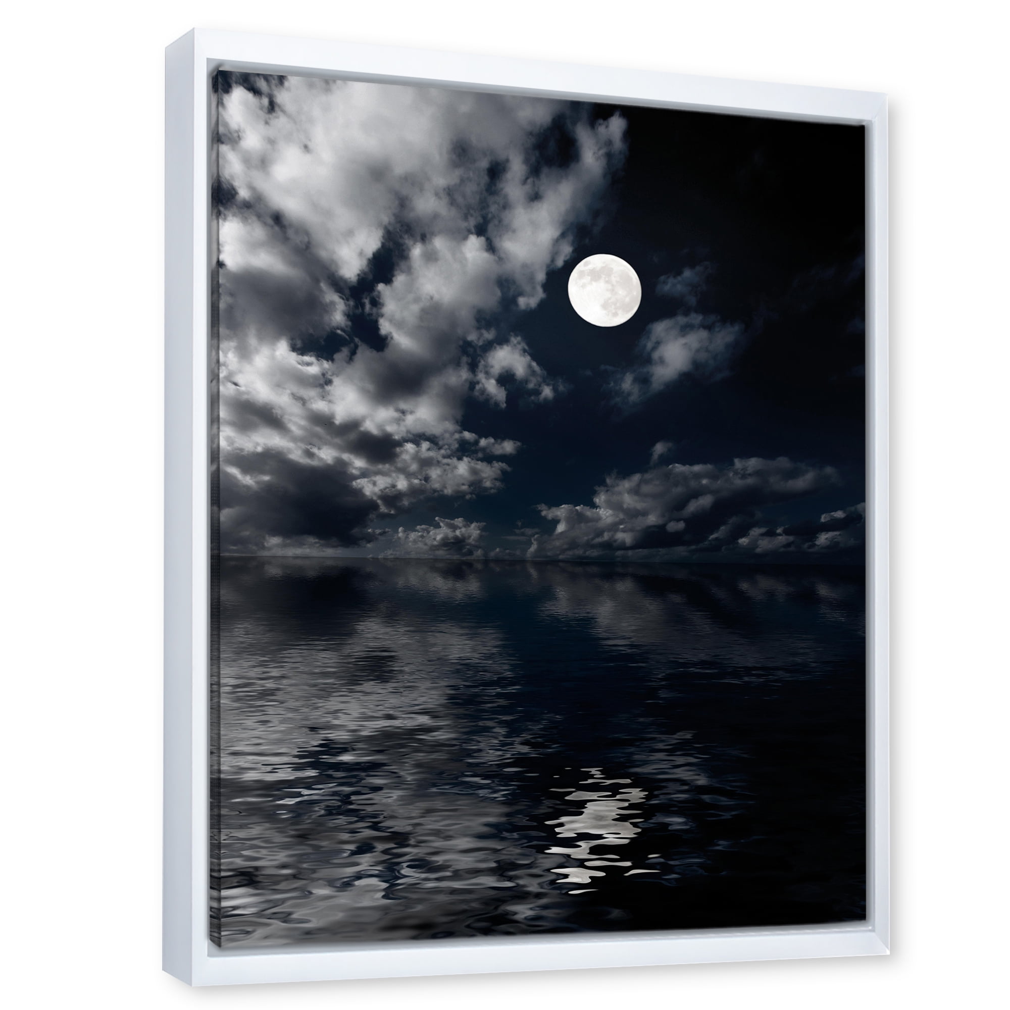 Designart 'Full Moon Night in Cloudy Sky IV' Nautical & Coastal Framed Canvas Wall Art Print