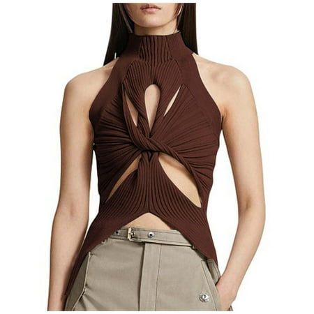 Female Women s Tank Tops Cotton Underwear Beach Tank Tops for Women Plus Size Women s Fashion Sweater Vest Sleeveless Hollow Knotted Detail Semi High Neck Solid Color Sexy Crop Top for Casual Wear S