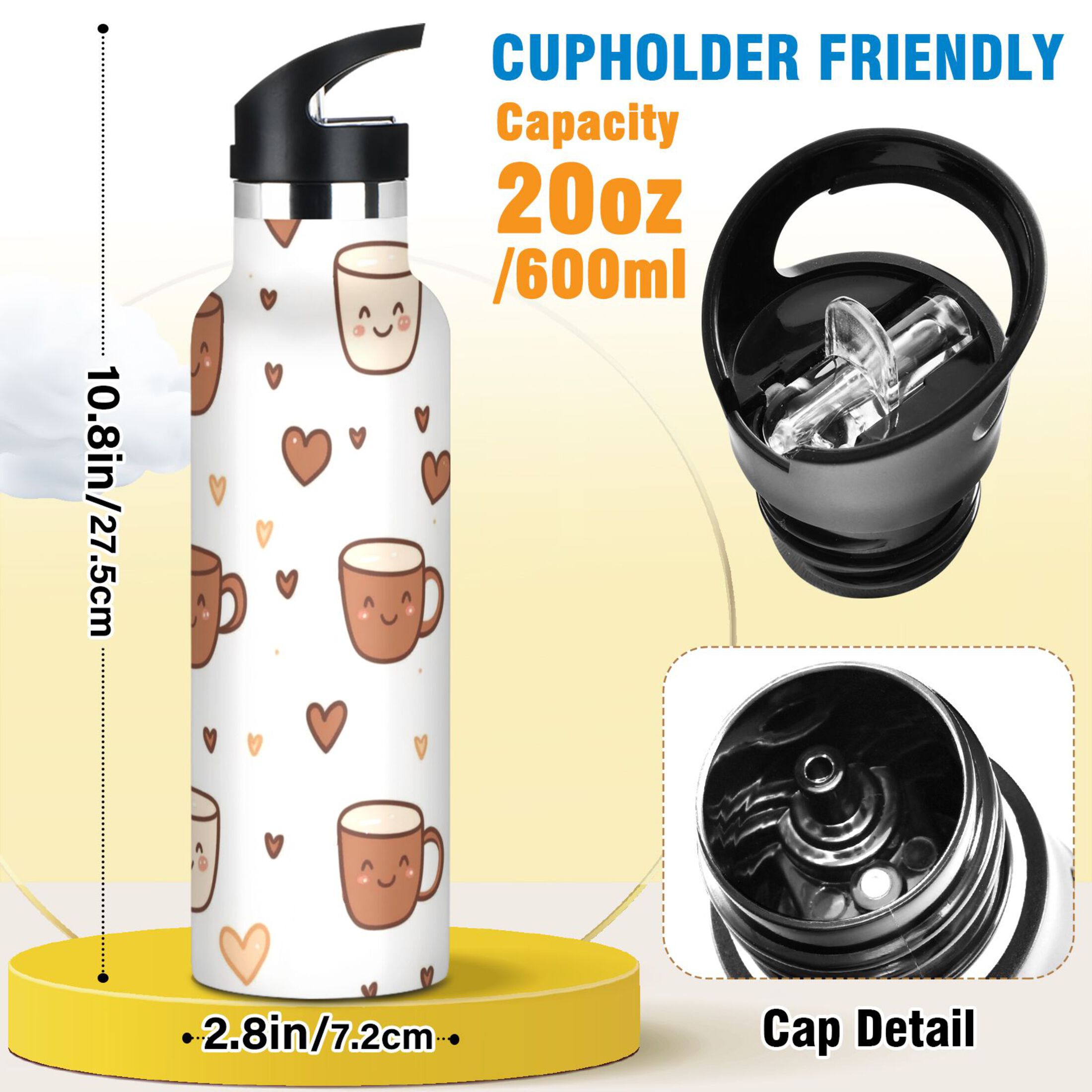 Kids Insulated Stainless Steel Sports Water Bottle 600ml (20oz) Cute Coffee Cup Pattern