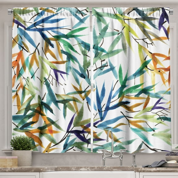 Ambesonne Japanese Kitchen Curtains, Colorful Watercolor Leaves, 55"x39", Multicolor