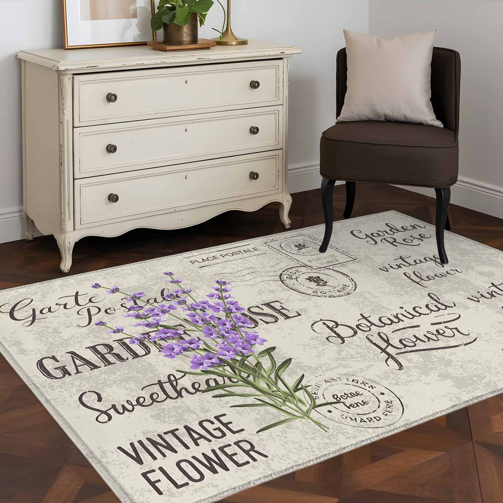 Kitchen Mats for Floor 3x5 Ft, Purple Lavenders Eater Non Slip Area Rugs for Kitchen Bedroom Entryway, Vintage Floral Retro Art Washable Carpet Runner Rug Floor Mats for Bedroom Home Decor
