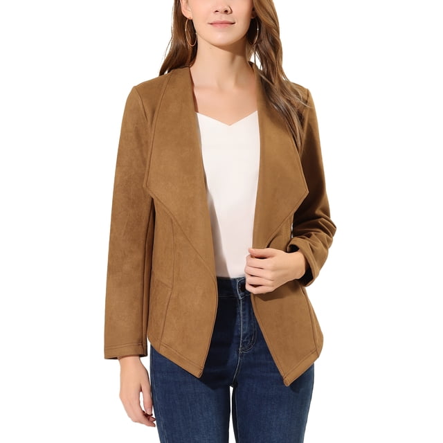 INSPIRE CHIC Women's Faux Suede Drape Blazer Collar Long Sleeves Open Front Jacket XS Brown