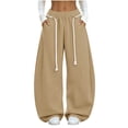 thumbnail image 3 of Women's Wide Leg Sweatpants, Curved Leg Pants with Elastic Waist, Drawstring & Side Pockets, Running Hiking Casual Wear | VerBelle,Khaki M, 3 of 9