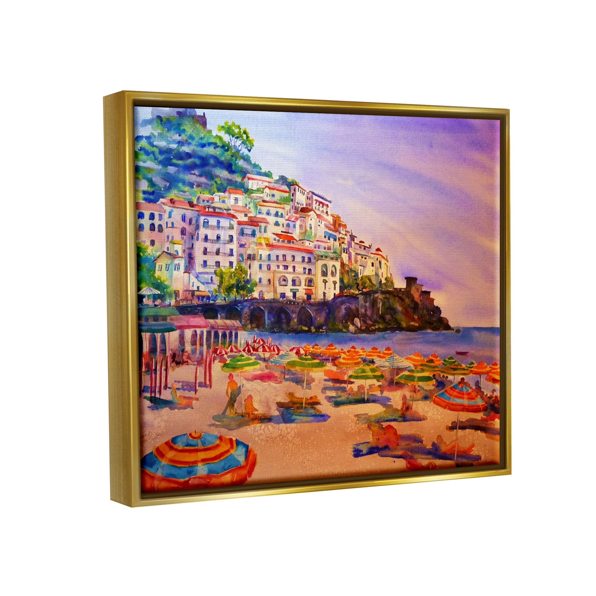 Stupell Industries Summer Beach Landscape Nature Painting Gold Floater Framed Art Print Wall Art, 31 x 25