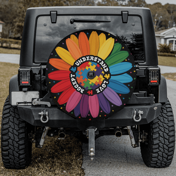 Lotusprinthandmade Floral Daisy Flower Autism Awareness Spare Tire Cover With Backup Camera Hole 6 Sizes (27 in.)