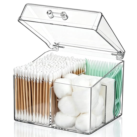 CWYEYE Clear Qtip Holder with Lid, 4-Compartment Cotton Swab Dispenser for Bathroom Vanity Countertop Storage