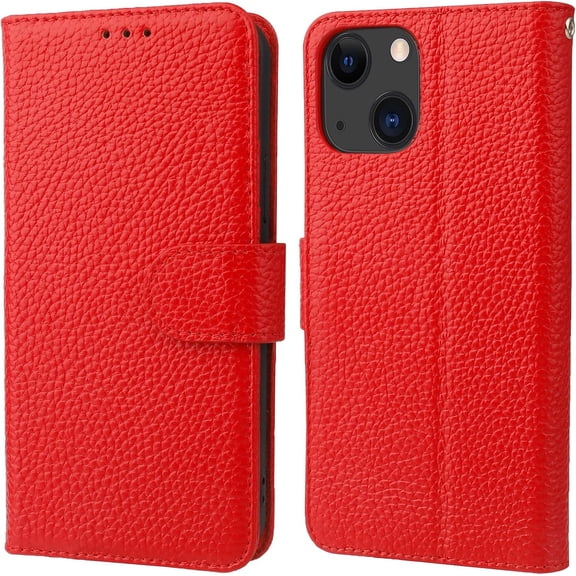 Genuine Leather Wallet Case for iPhone 13 5G Wireless Charge RFID Blocking Credit Card Holder Kickstand Folio Flip Protective Cover with Wrist Strap Magnetic Clasp 6.1 Inch(Red)