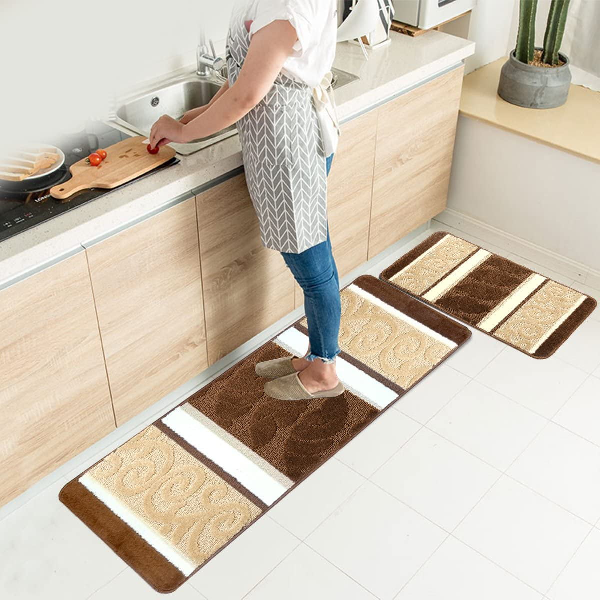 2 Piece Rug Kitchen Mat Non-Slip Backing Doormat Runner Set Home Kitchen Carvapet Mat,Beige