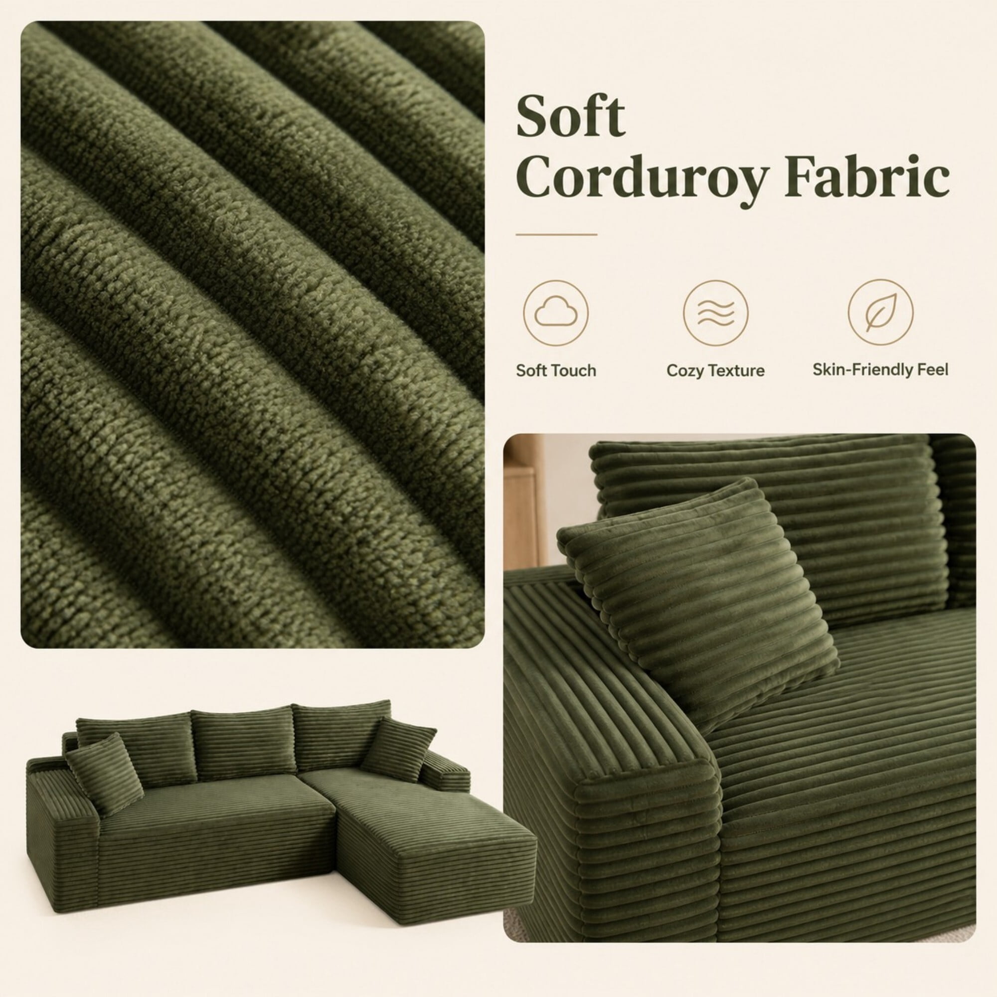 DEALTOPS 106 Inch Modular Corduroy Sectional Sofa with Right Chaise, No Assembly Required, Green