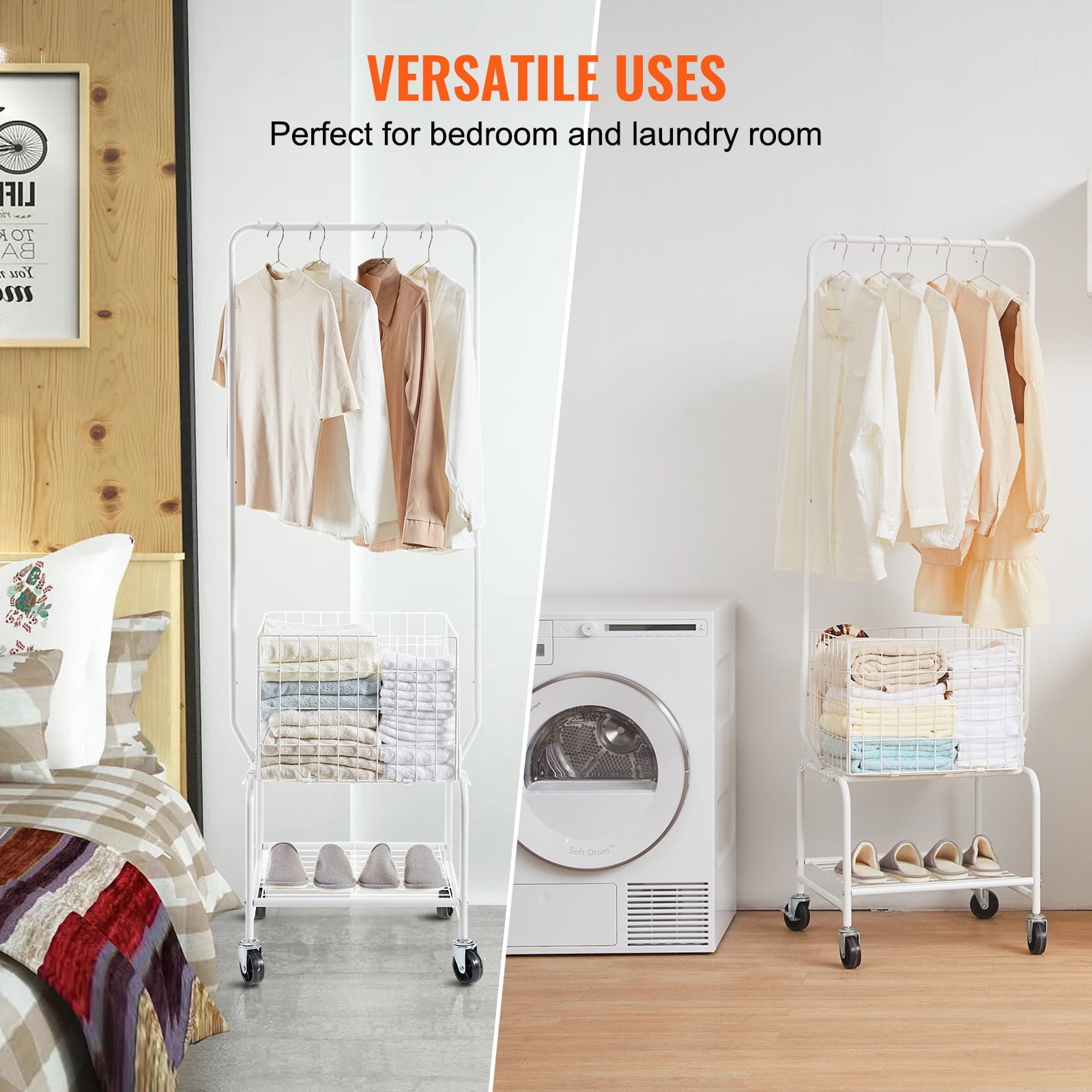 KFFKFF Laundry Cart, Laundry Basket with Wheel and Adjustable Clothes Hanger, Height Adjustable Laundry Butler with Basket