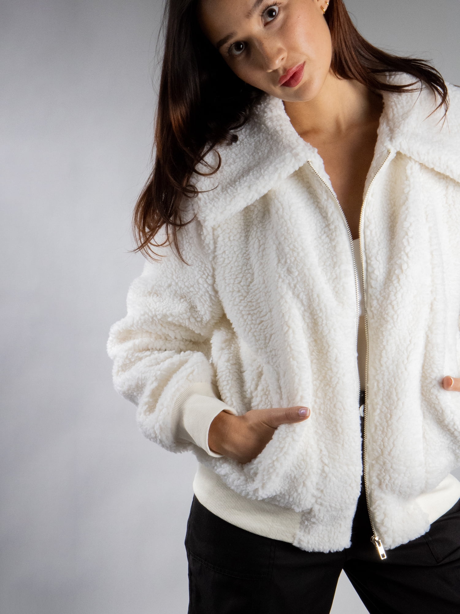 DARING DIVA Women's Stylish AK Plush Bomber Jacket S White