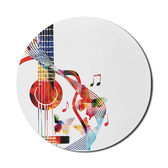 Colorful Mouse Pad for Computers, Ornamental Guitar Along Butterflies and Musical Note Silhouettes Concept, Round Non-Slip Thick Rubber Modern Mousepad, 8" Round, White and Multicolor, by Ambesonne