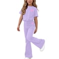 thumbnail image 2 of Mifsaly Girls 2-Piece Casual Clothing Sets Sweet Animal Paw Print Short Sleeve Crewneck Top and Bell Bottoms Pant Outfit Cotton Blend Soft Playwear Apparel, 2 of 6