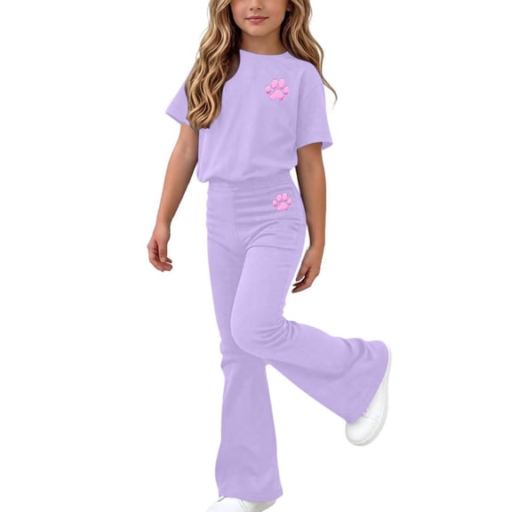 Fnooota Girls Outfit Sets Short Sleeve, 2 Piece School Summer Girls Clothing Sets Purple Size 6