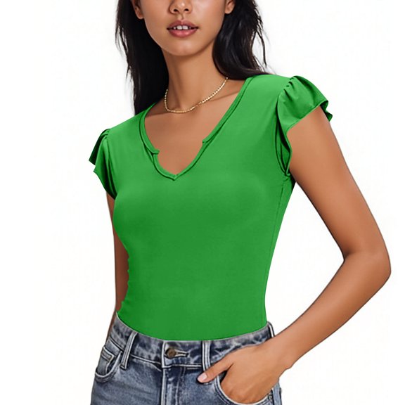 Zylanna Women's T-Shirts Blouse, V-Neck Summer Solid Color Short Sleeve Fashion Tee Tops Green