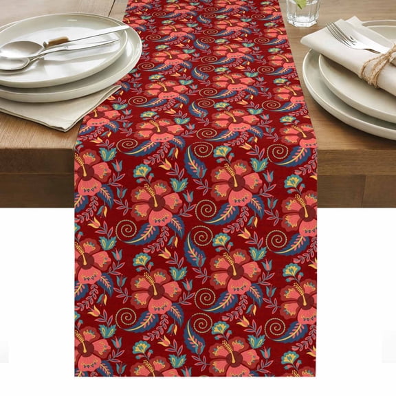 Red Boho Floral Table Runner - 36 Inch Long, Kitchen Dining Table Runner Dresser Scarves, Vintage Southwestern Ethnic Tribe Botanical Farmhouse Decor for Coffee Tables Wedding Party Banquet