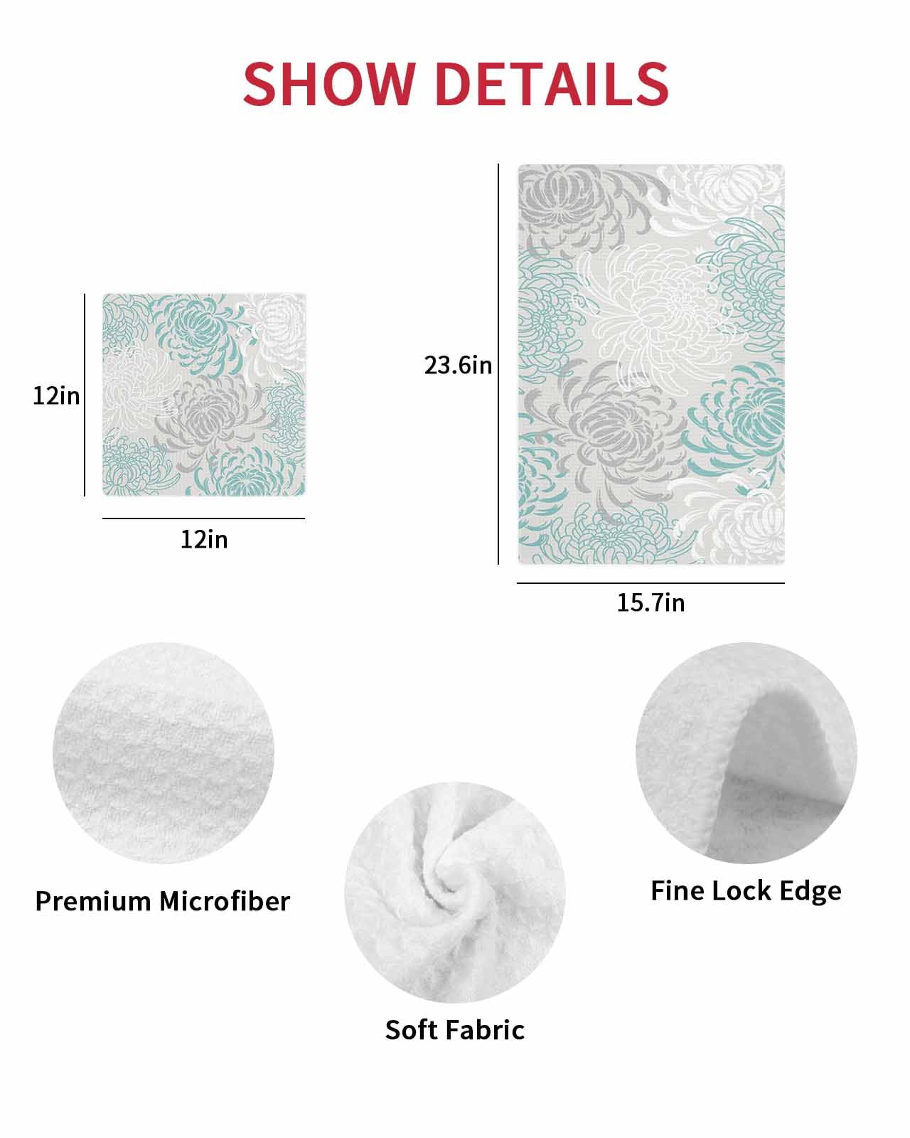 Aqua White Kitchen Dish Towels for Drying Dishes Set of 2, Abstract Grey Chrysanthemum Flower Floral Waffle Weave Microfiber Hand Tea Bathroom Towels Quick Dry & Absorbent Towel 15.7x23.6