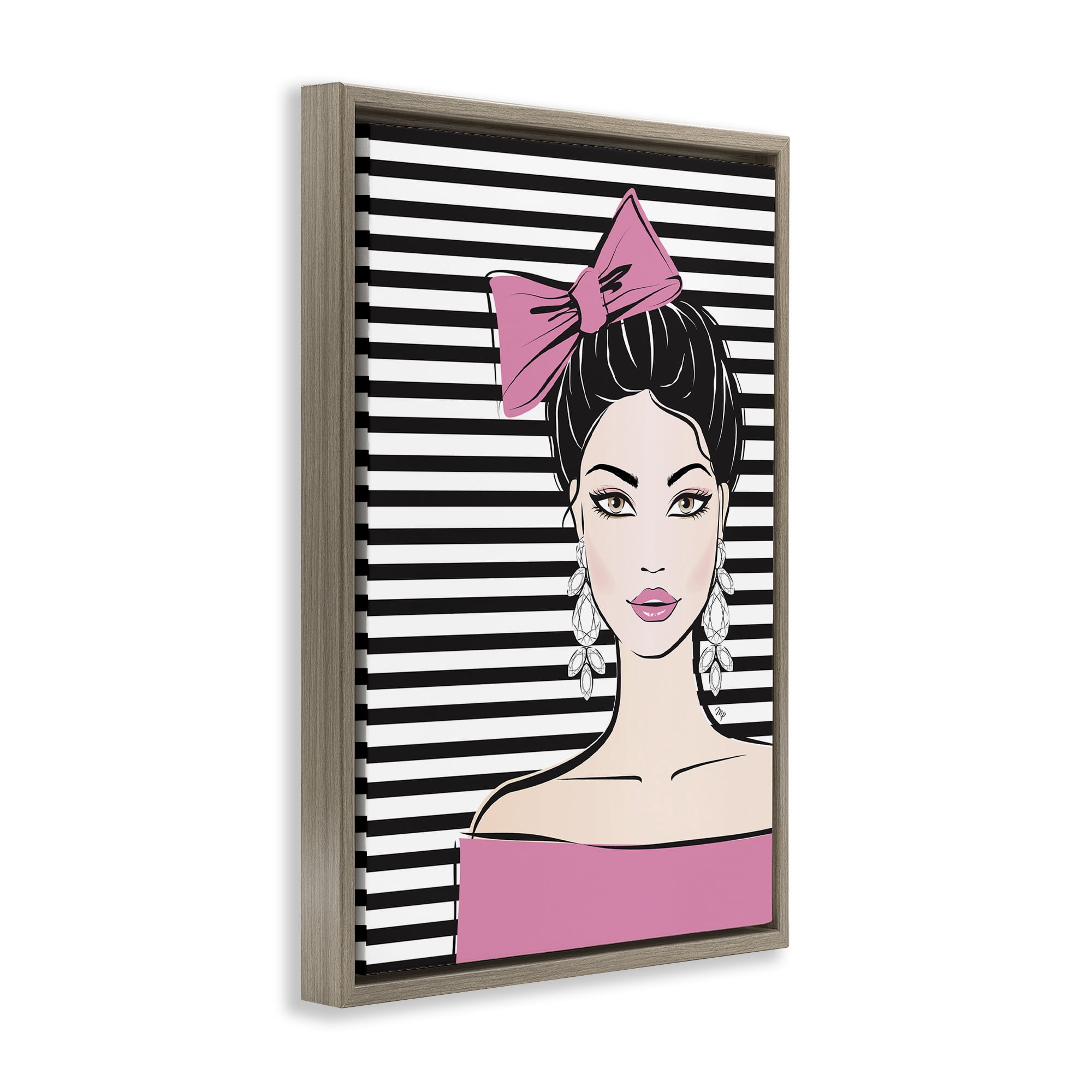 Stupell Industries Girl with Pink Bow & Earrings Brown Framed Floater Canvas Wall Art, design by Martina Pavlova
