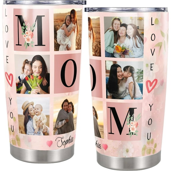 Personalized Mom Photo Tumbler Custom Name Travel Coffee Mug Insulated Cup with Lid Stainless Steel 20 oz Appreciation Gifts for Mom Women Grandma Birthday Mothers Day